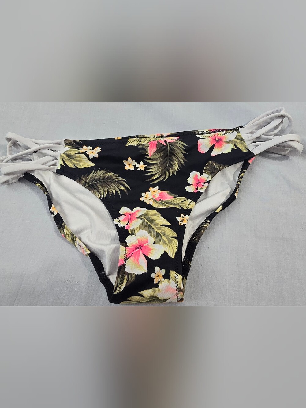 Floral Tropical Black & Pink Women's Bikini Bottom Small